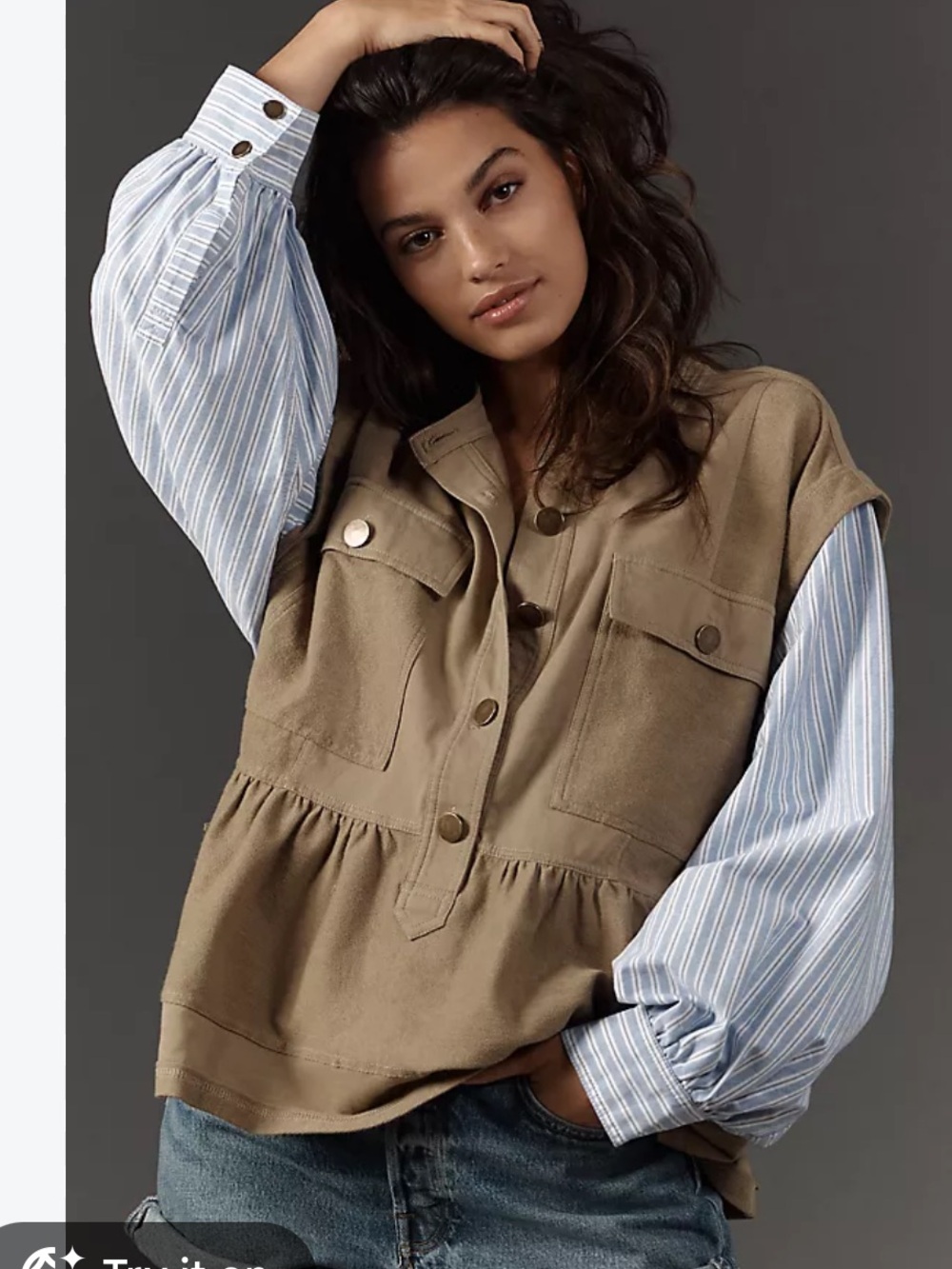 Anthropologie Pilcro womans casual Peplum Jacket in Khaki with Blue Stripe S